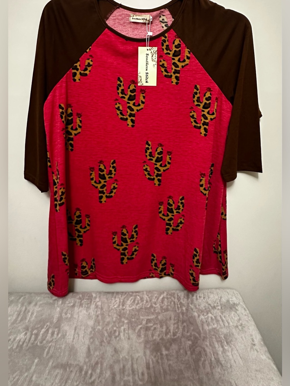 Southern Stitch Pink Leopard Cactus Raglan Tee